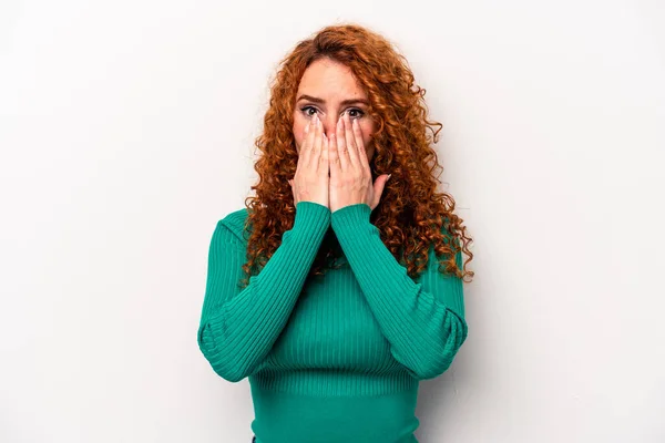 Young Ginger Caucasian Woman Isolated White Background Shocked Covering Mouth — Stock Photo, Image