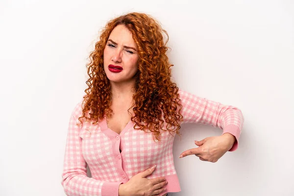 Jonge Gember Blanke Vrouw Geïsoleerd Witte Achtergrond Met Een Leverpijn — Stockfoto