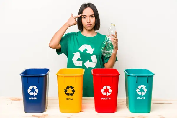 Young Hispanic Woman Recycling Plastic Isolated White Background — Stock Photo, Image