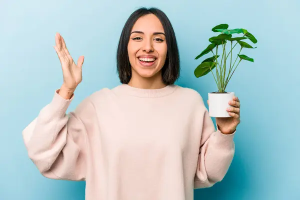 Young Hispanic Woman Holding Plant Isolated Blue Background Receiving Pleasant — Stock Photo, Image