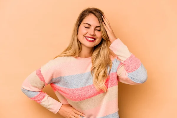 Young Caucasian Woman Isolated Beige Background Joyful Laughing Lot Happiness — Stock Photo, Image