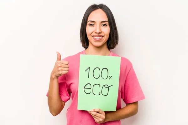 Mujer Hispana Joven Sosteniendo 100 Eco Cartel Aislado Sobre Fondo —  Fotos de Stock