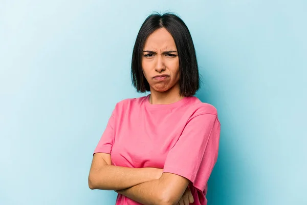 Young Hispanic Woman Isolated Blue Background Frowning Face Displeasure Keeps — Stock Photo, Image