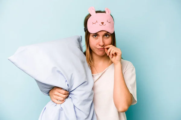 Young Caucasian Woman Wearing Pajama Isolated Blue Background Fingers Lips — Stock Photo, Image