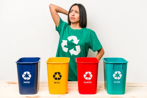 Young Hispanic Woman Recycling Isolated White Background Touching Back Head — Stock Photo, Image