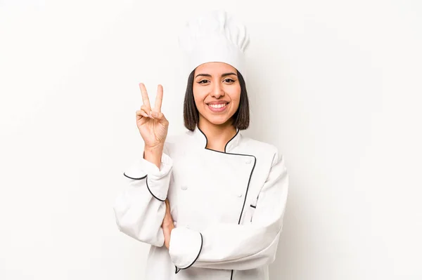 Young Hispanic Chef Woman Isolated White Background Showing Number Two — Stockfoto