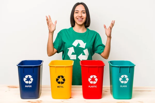 Young Hispanic Woman Recycling Isolated White Background Receiving Pleasant Surprise — Stock Photo, Image