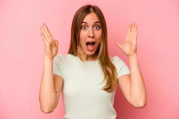 Young Caucasian Woman Isolated Pink Background Celebrating Victory Success Surprised — Stock Photo, Image