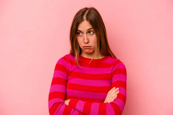 Young Caucasian Woman Isolated Pink Background Tired Repetitive Task — Stock Photo, Image