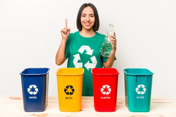 Young Hispanic Woman Recycling Plastic Isolated White Background — Stock Photo, Image