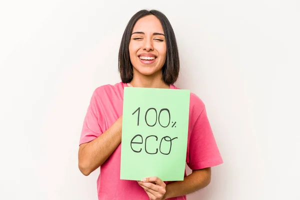 Jonge Spaanse Vrouw Houdt 100 Eco Placard Geïsoleerd Witte Achtergrond — Stockfoto