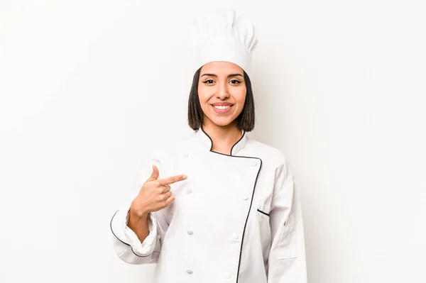 Young Hispanic Chef Woman Isolated White Background Person Pointing Hand — Stockfoto