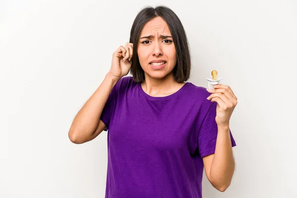 Young Hispanic Pregnant Woman Holding Pacifier Isolated White Background Covering — Stock Photo, Image