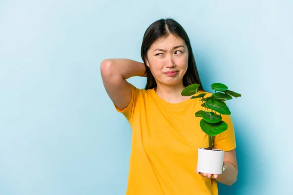 Fiatal Ázsiai Kezében Egy Növény Elszigetelt Kék Háttér Megérinti Tarkóját — Stock Fotó
