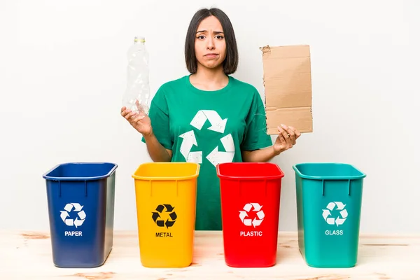 Young Hispanic Woman Recycling Cardboard Isolated White Background — Stock Photo, Image