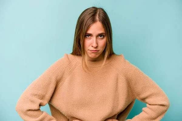 Young Caucasian Woman Isolated Blue Background Sad Serious Face Feeling — Stock Photo, Image