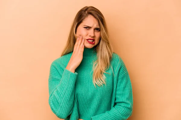 Young Caucasian Woman Isolated Beige Background Having Strong Teeth Pain — Stock Photo, Image