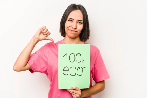 Jonge Spaanse Vrouw Met 100 Eco Placard Geïsoleerd Witte Achtergrond — Stockfoto