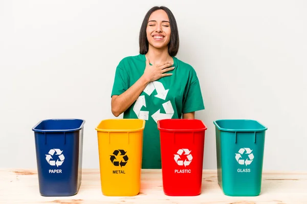 Young Hispanic Woman Recycling Isolated White Background Laughs Out Loudly — Stock Photo, Image