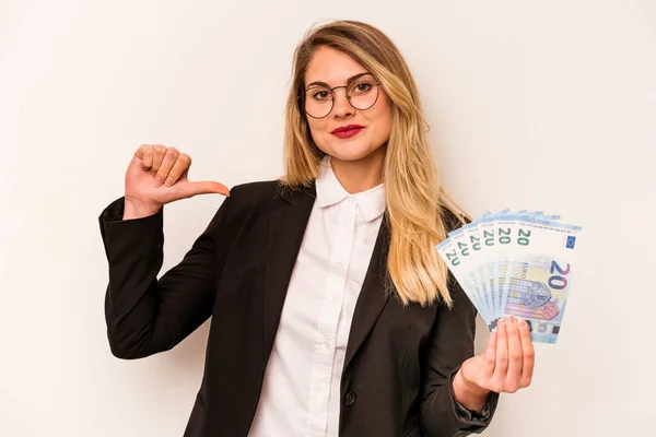 Young Business Caucasian Woman Holding Banknotes Isolated White Background Feels — Stock Photo, Image