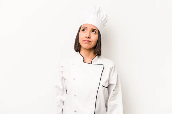 Young Hispanic Chef Woman Isolated White Background Dreaming Achieving Goals — Stockfoto