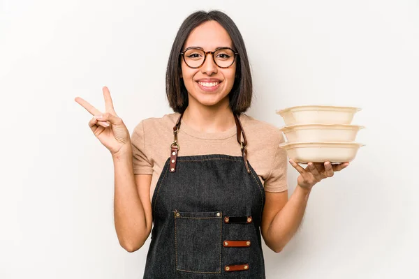 Young Caucasian Waitress Woman Holding Tupperware Isolated White Background Joyful — Stockfoto