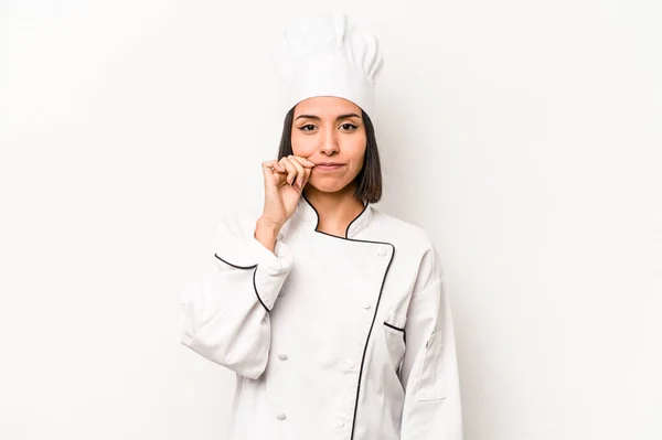 Young Hispanic Chef Woman Isolated White Background Fingers Lips Keeping — Stock Photo, Image