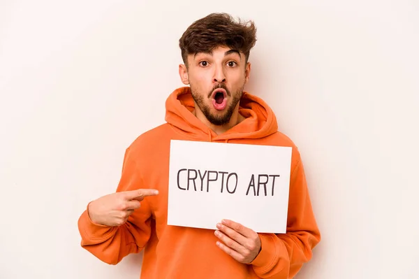 Young Hispanic Man Holding Crypto Art Placard Isolated White Background — 图库照片