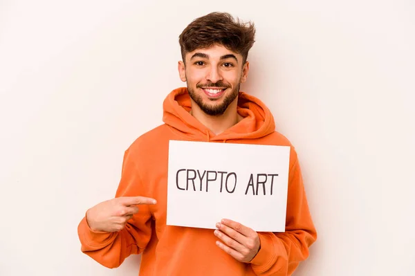 Young Hispanic Man Holding Crypto Art Placard Isolated White Background — 图库照片