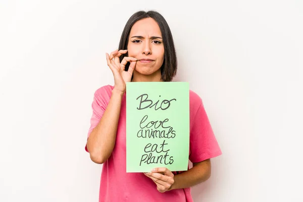 Young Hispanic Woman Holding Bio Placard Isolated White Background Fingers — Stock Photo, Image