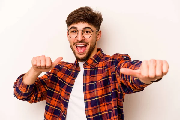Young Hispanic Man Isolated White Background Raising Both Thumbs Smiling — Stock Photo, Image