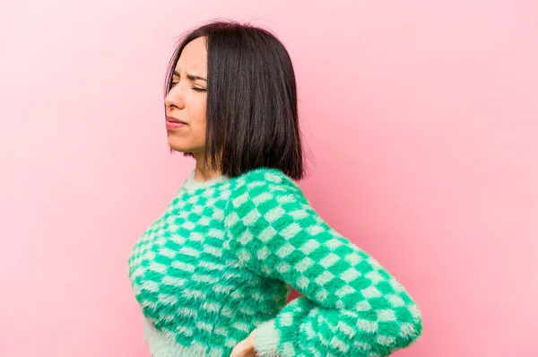 Young Hispanic Woman Isolated Pink Background Suffering Back Pain — Stock Photo, Image