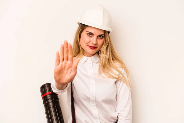 Young Architect Woman Helmet Holding Blueprints Isolated White Background Standing — Stockfoto
