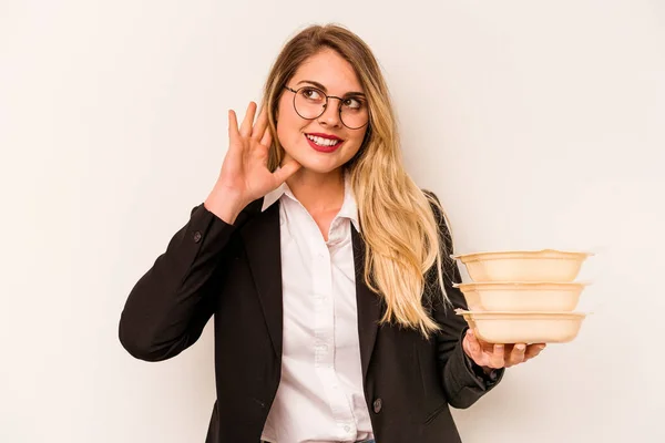 Young Business Caucasian Woman Holding Tupperware Isolated White Background Trying — Stockfoto