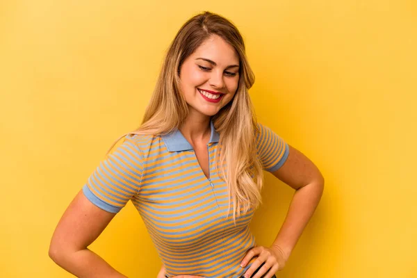 Young Caucasian Woman Isolated Yellow Background Laughs Happily Has Fun — Stock Photo, Image