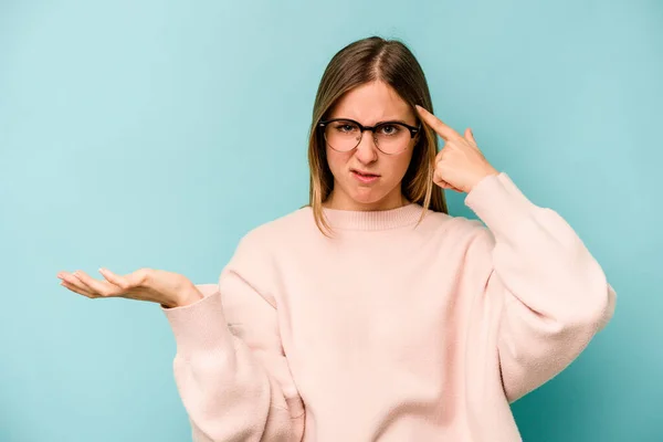 Young Caucasian Woman Isolated Blue Background Showing Disappointment Gesture Forefinger — Stock Photo, Image