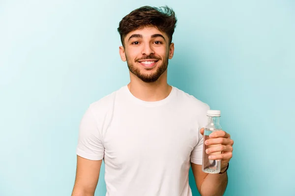 Young Hispanic Man Holding Bottle Water Isolated White Background Happy — Stockfoto