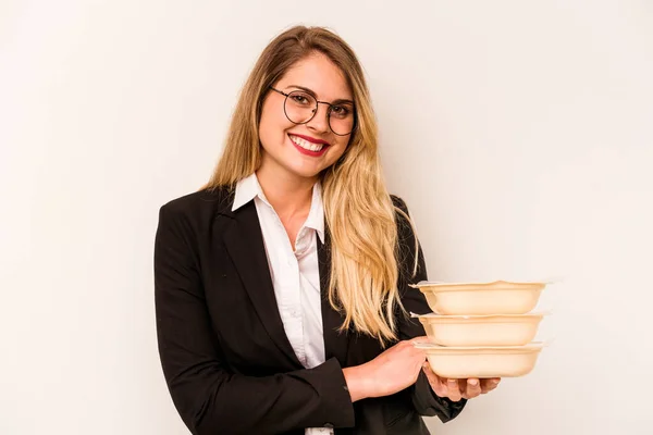 Young Business Caucasian Woman Holding Tupperware Isolated White Background Laughing — Stockfoto