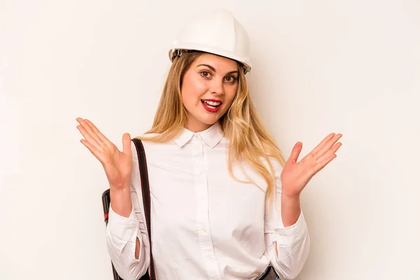 Young Architect Woman Helmet Holding Blueprints Isolated White Background Surprised — Stockfoto