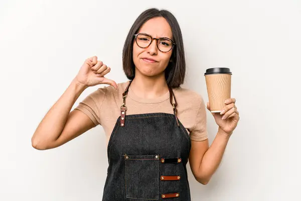 Ung Kaukasiska Servitris Kvinna Håller Bort Kaffe Isolerad Vit Bakgrund — Stockfoto