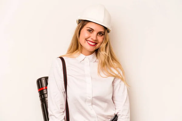 Young Architect Woman Helmet Holding Blueprints Isolated White Background Happy — Stockfoto
