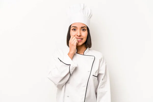 Young Hispanic Chef Woman Isolated White Background Biting Fingernails Nervous — Foto de Stock