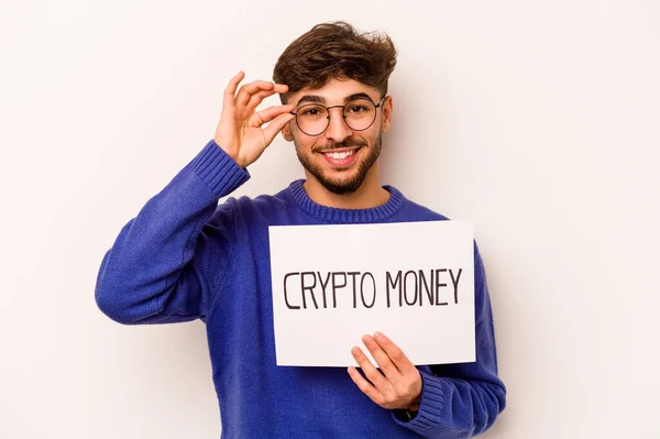 Young Hispanic Man Holding Crypto Money Placard Isolated White Background — Foto Stock