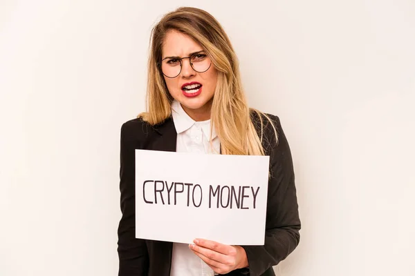 Joven Mujer Caucásica Negocios Sosteniendo Cartel Cripto Dinero Aislado Sobre —  Fotos de Stock