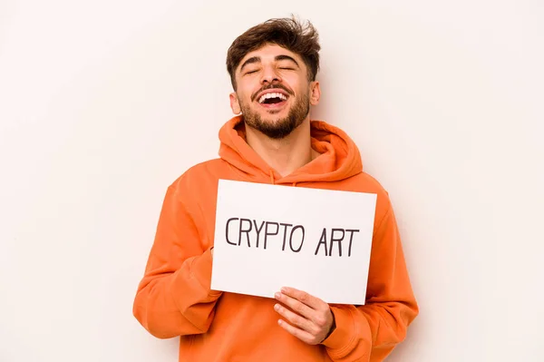 Young Hispanic Man Holding Crypto Art Placard Isolated White Background — 图库照片