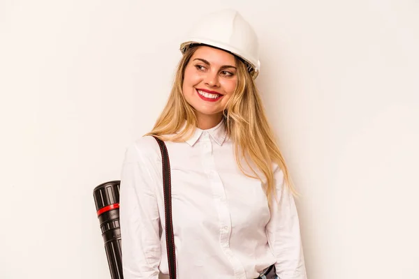 Young Architect Woman Helmet Holding Blueprints Isolated White Background Looks — Stockfoto