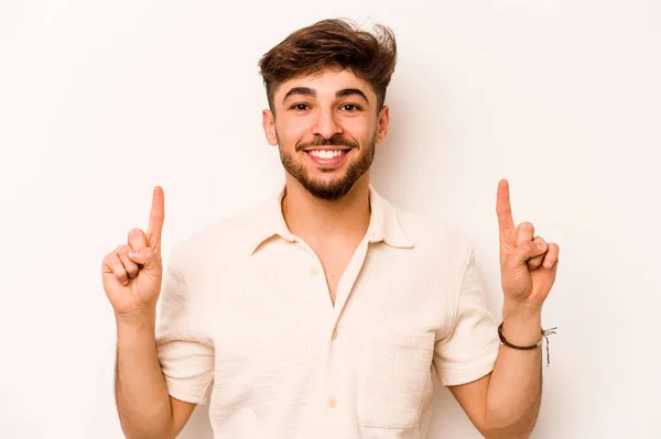 Young Hispanic Man Isolated White Background Indicates Both Fore Fingers — стоковое фото