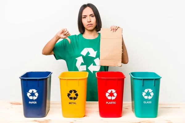 Young Hispanic Woman Recycling Cardboard Isolated White Background — Stock Photo, Image