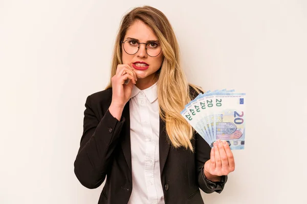 Young Business Caucasian Woman Holding Banknotes Isolated White Background Biting — Stock Photo, Image