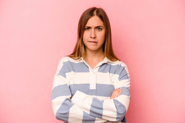 Young Caucasian Woman Isolated Pink Background Frowning Face Displeasure Keeps — Stock Photo, Image